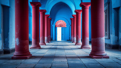 Red columns leading to open door in blue hallway