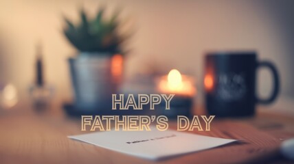 Happy Father's Day! Warm wishes for all dads on their special day. A cozy scene with candlelight, mug, and a heartfelt message.