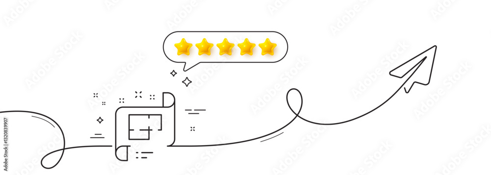 Poster architectural plan line icon. continuous line with share plane. technical project sign. five star ra