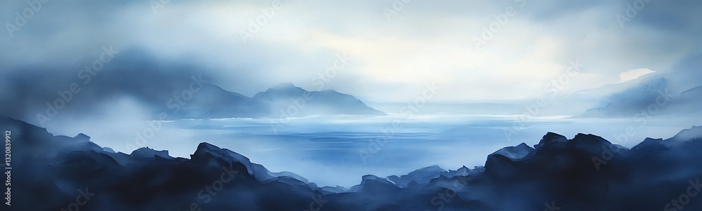 Poster misty ocean view with distant mountains and soft blue hues.