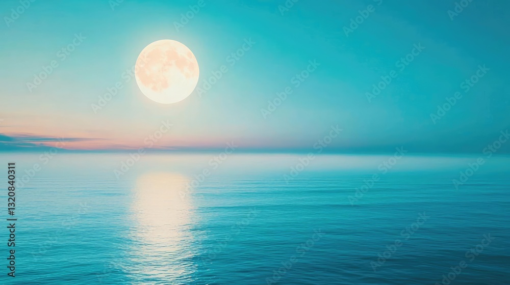 Poster Dramatic nighttime abstract background concept. Serene view of a full moon shining over calm ocean waters at twilight.