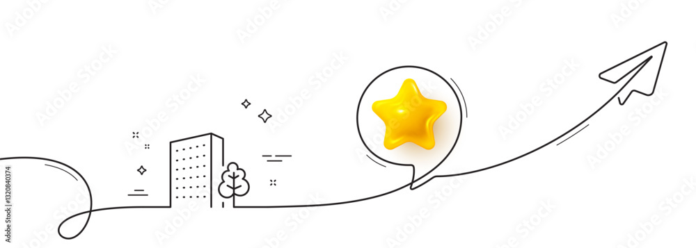 Poster buildings line icon. continuous line with share plane. city architecture with tree sign. skyscraper 