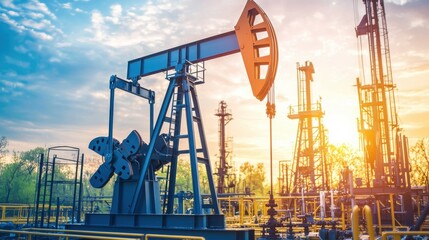 Industrial oil pump at sunrise in a petroleum field reflecting the bright colors of the sky and showcasing energy production equipment
