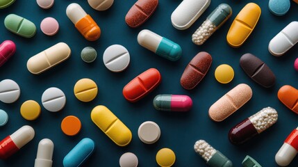 Colorful Array of Various Pills, Tablets, and Capsules on Dark Background for Healthcare Concepts