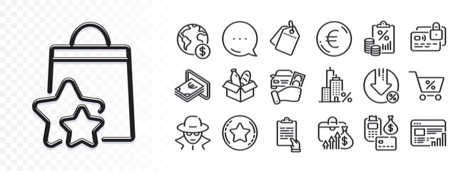 Loyalty star, Fraud and Global business line icons for web app. Glare of light effect. Message icon. Pack of Loyalty points, Mortgage, Web report pictogram icons. Vector