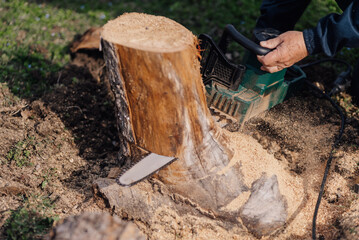 Lumberjack removing tree stump with electric chainsaw in garden