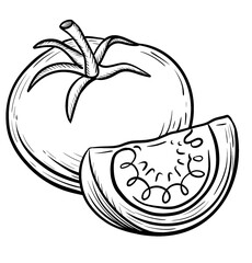 Black and white hand-drawn illustration of a whole tomato with a sliced piece. Perfect for coloring books, food-related designs, restaurant menus, farm markets, botanical illustrations, and healthy ea