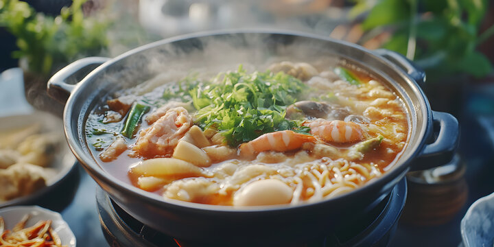 Steaming Hotpot with Fresh Seafood and Vegetables: A Mouth - watering Asian Cuisine Visual for Food - related Social Media Posts or Restaurant Menus 