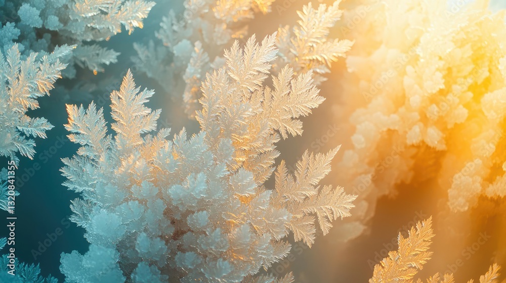 Poster aerial landscape abstract background idea. intricate ice patterns illuminated by soft golden light a