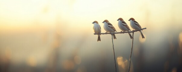 Four small birds perching quietly on a slender tree branch