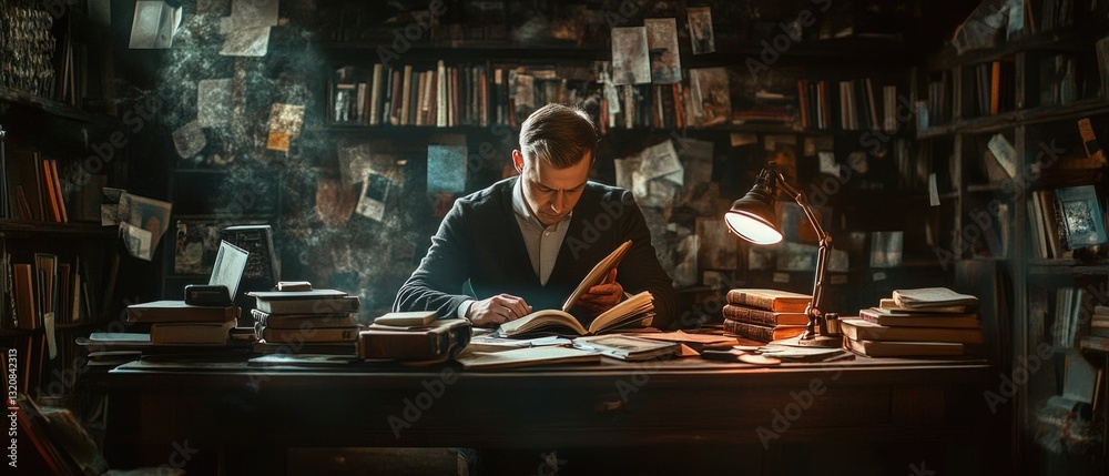 Poster A person studying in a quiet library setting with books and desks