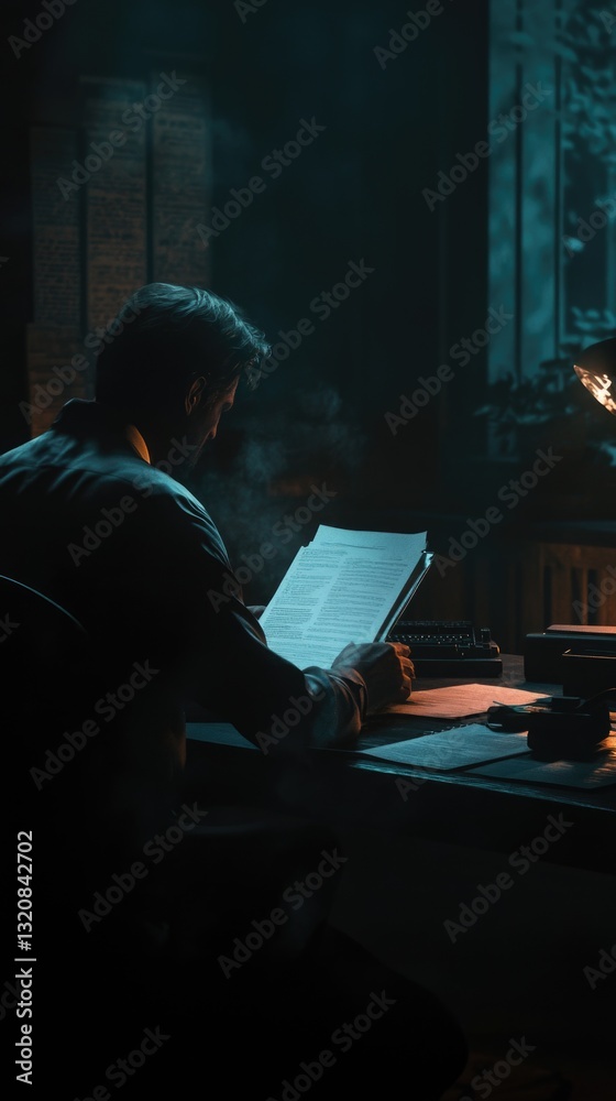 Poster A person sitting at a desk in front of a computer, possibly working or studying