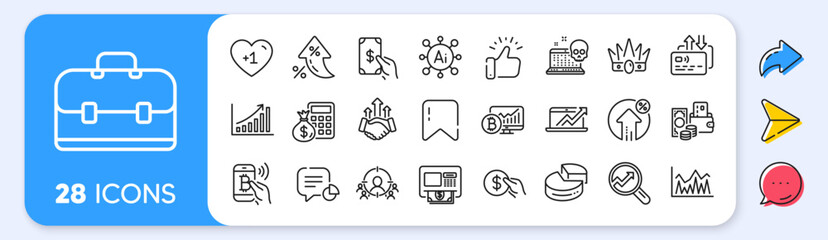 Portfolio, Investment and Graph chart line icons. Interest rate, AI generate, Inflation icons. Pack of Finance calculator, Analytics, Receive money icon. Vector