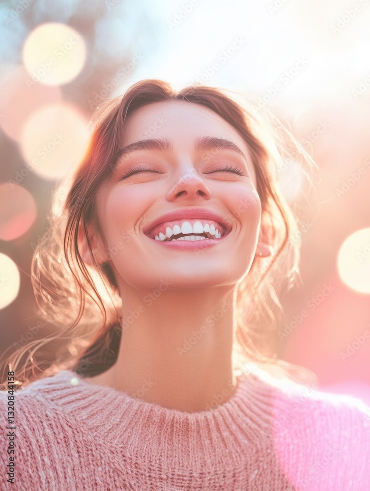 Poster Bright pastel background highlights a joyful person smiling widely after dental implants with soft bokeh light enhancing the atmosphere