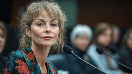 A middle-aged woman engages in a public hearing discussing local development projects. She stands at a microphone, facing community members who are listening attentively