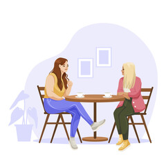 Fototapeta premium Two women sitting at a round table, enjoying coffee and conversation in a cozy cafe setting. Light background with indoor plants. Friendship concept. Vector illustration