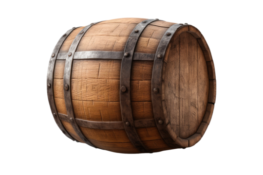 Wooden Barrel With Metal Straps. White or PNG Transparent Background.