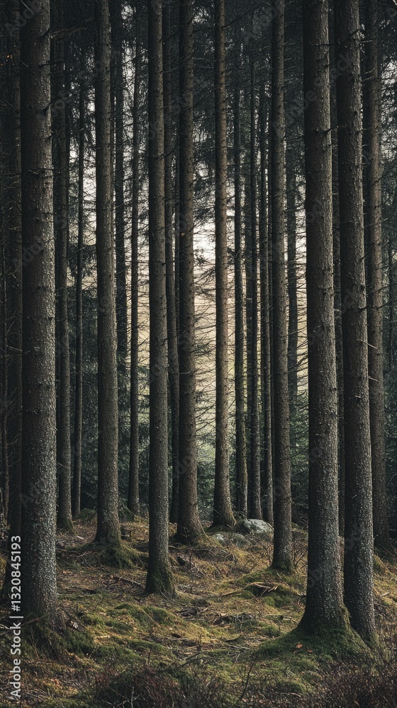 Poster a dense forest filled with numerous tall trees