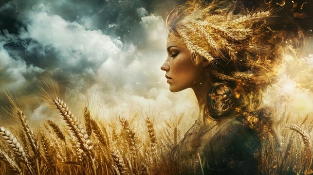 Modern artistic interpretation of Cerealia, wheat goddess Ceres portrayed in ethereal style, illustration