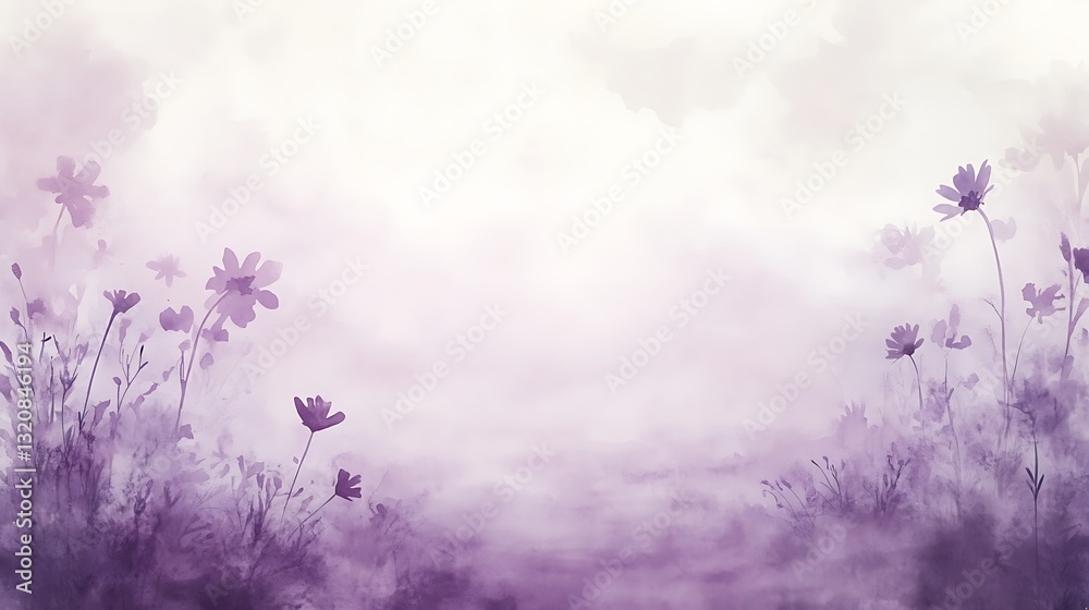 Poster soft purple flowers in a misty background, creating a serene and ethereal atmosphere.
