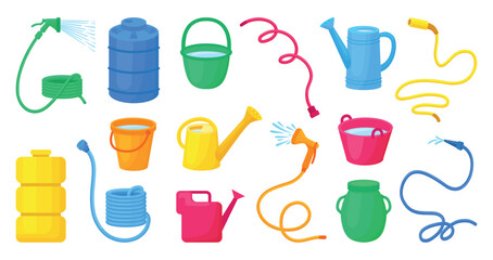 Watering accessories. Rubber watering hoses, water can, plastic containers and bucket. Garden, cartoon planting care equipment neoteric vector clipart