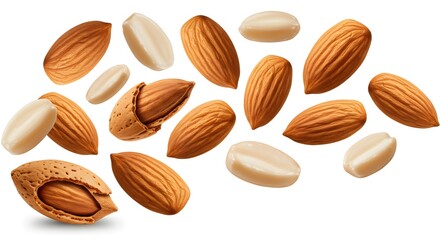 Falling down, almond nuts isolated on a white background