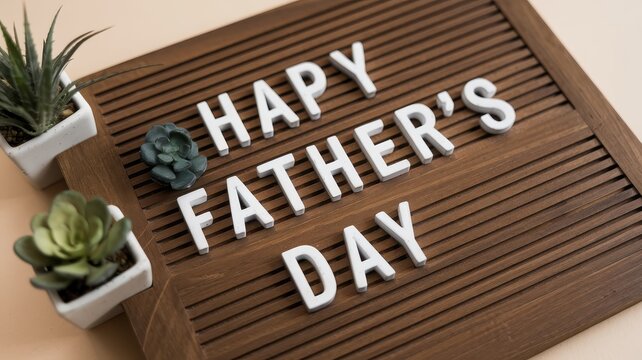Happy Father's Day! A heartwarming message on a rustic wooden letterboard, complemented by two small succulents in white pots.