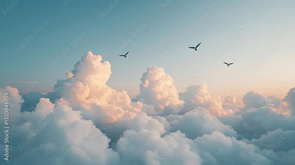 Aufkleber Aerial landscape abstract background idea. A serene view of fluffy clouds with birds soaring in a pastel sky at dawn.