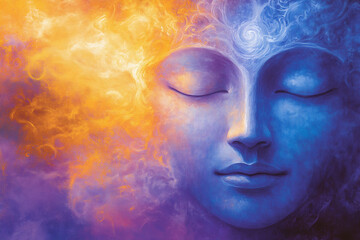 Serene Face With Closed Eyes Surrounded by Vibrant Colors Evokes a Sense of Tranquility and Inner Peace