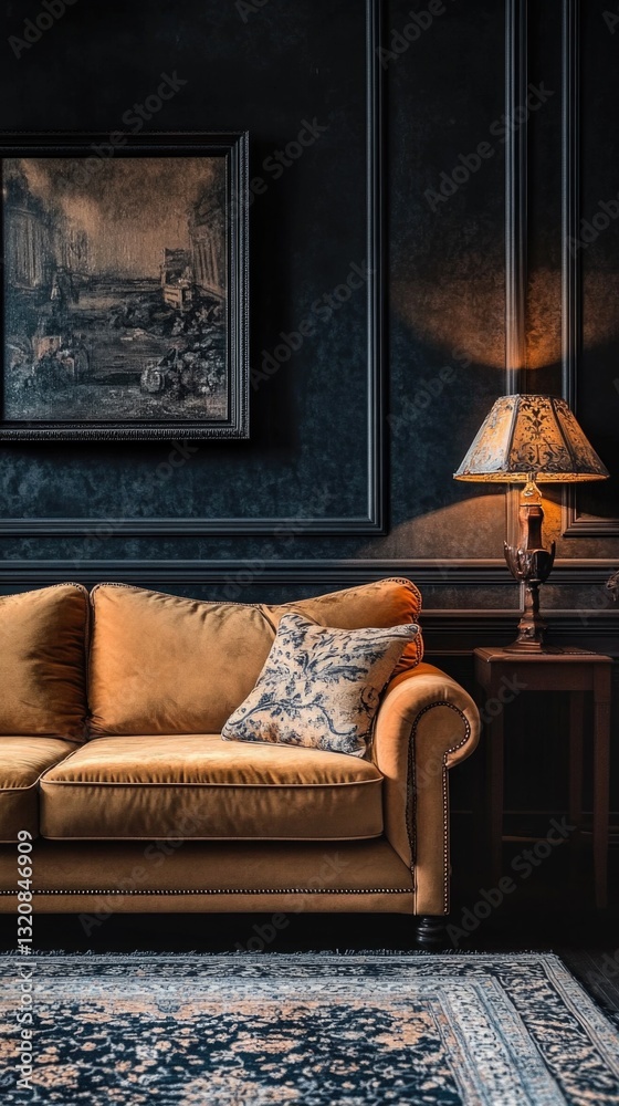 Poster a warm and inviting living room with a comfortable couch and table lamp