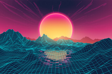 Retro futuristic 80s style digital landscape with glowing neon grid mountains and a vibrant sunset in a cyberpunk aesthetic. Synthwave vaporwave artwork with a surreal, nostalgic