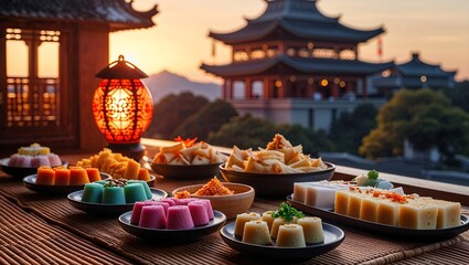 Asian Cuisine Feast: A visually stunning display of diverse asian dishes and treats, accompanied by a glowing lantern.