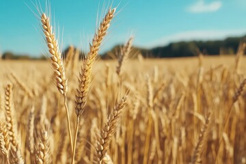 Fototapeta premium Golden Wheat Field Under Bright Blue Sky in Summer Landscape