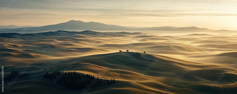 Poster aerial landscape abstract background idea. breathtaking aerial view of rolling hills bathed in morni