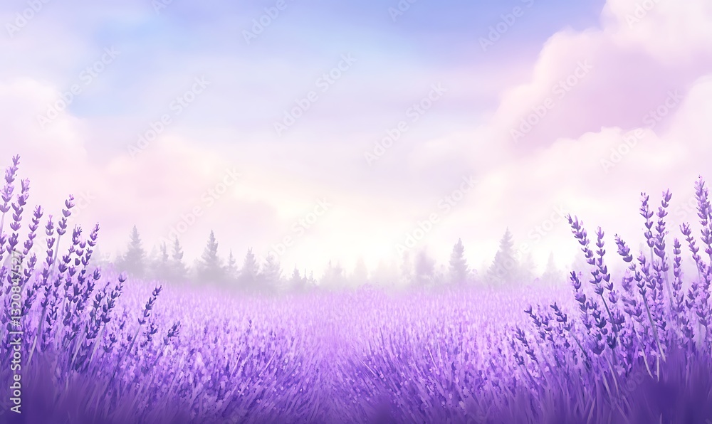 Poster Lavender field under a serene sky with soft clouds and distant trees.