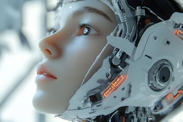 Fototapeta premium Futuristic close-up of a humanoid robot's face with intricate technology and glowing elements