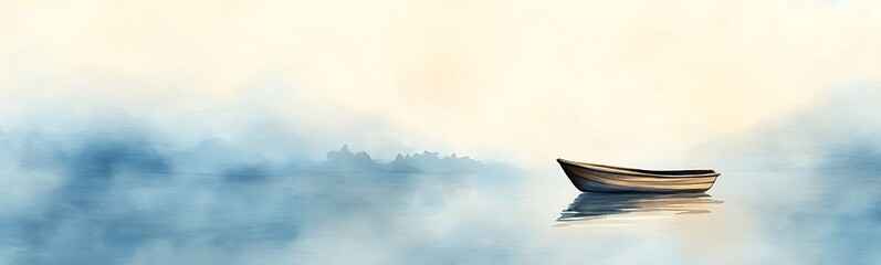 Naklejka premium A serene boat floats in tranquil waters, surrounded by soft mist and light colors.