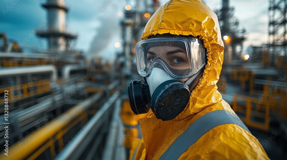 Poster a worker in a yellow protective suit and gas mask is focused on tasks in a busy petrochemical refine