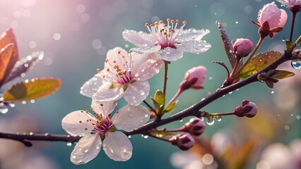 Spring Blossom's Delicate Beauty: A close-up captures delicate blossoms, adorned with glistening water droplets, against a softly blurred backdrop, radiating freshness and renewal.