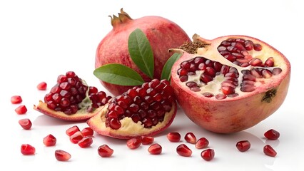 Pomegranate: Ripe pomegranates, bursting with juicy, ruby-red seeds and vibrant green leaves, offer a delicious and healthy taste. The image captures the vivid colors and textures of the fruit.