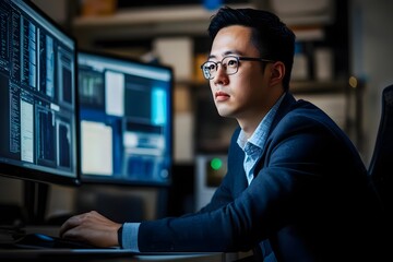 Focused professional analyzing data on dual monitors in a modern office setting with ambient lighting