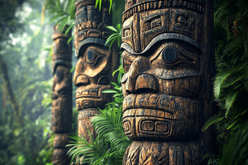 A detailed, HD close-up of traditional Asmat carvings on wooden totem poles