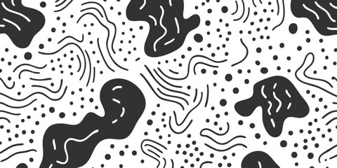 Abstract black and white pattern with geometric shapes and dots.