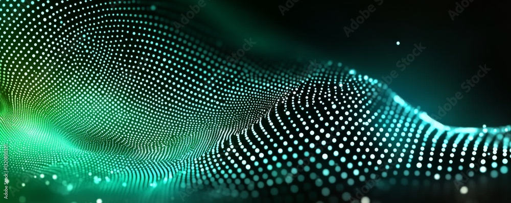 Poster The visualization of big data is depicted as a dynamic wave of particles set against an abstract green background, created using 3D rendering techniques