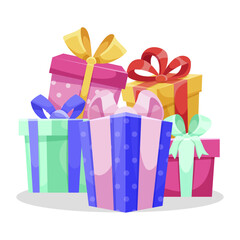 Stack of colorful gift boxes with ribbons and bows on a white background. Festive holiday or celebration concept. Vector illustration