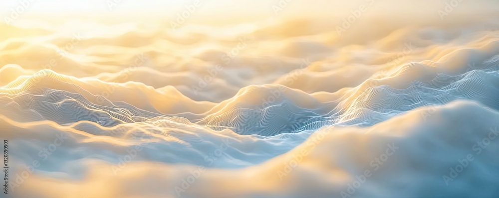 Poster Abstract art background concept. A serene and dreamy view of soft, fluffy clouds illuminated by warm, golden sunlight.