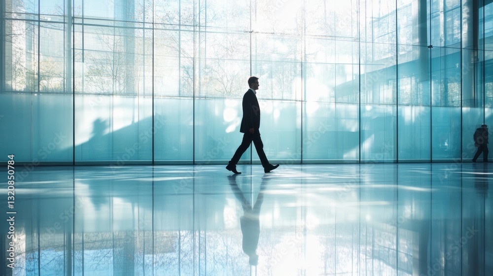 Poster a professional figure strides confidently in a sleek glass corridor illuminated by natural light. th
