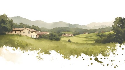 Fototapeta premium Serene landscape featuring rolling hills and quaint houses under a soft sky.
