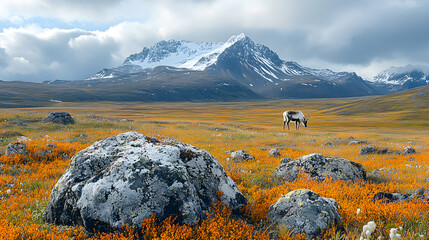 A peaceful Greenlandic tundra with scattered moss and lichen, a lone reindeer grazing under a cloudy sky, surrounded by distant snow-capped mountains.
