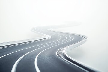 A winding road in the shape of an 'S',  dynamic perspective , gray asphalt with white lane markings. white background
